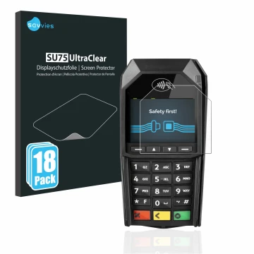 Vorderseite einer Produktverpackung mit dem Markenlogo Savvies. Daneben ist das Gerät ingenico Desk/1600 mit dem zugehörigen D