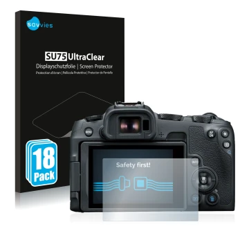 Vorderseite einer Produktverpackung mit dem Markenlogo Savvies. Daneben ist das Gerät Canon EOS R8 mit dem zugehörigen Display