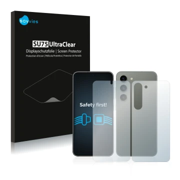 Vorderseite einer Produktverpackung mit dem Markenlogo Savvies. Daneben ist das Gerät Samsung Galaxy S23 (Display+Rückseite) m