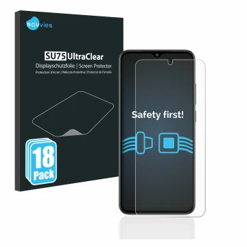 Vorderseite einer Produktverpackung mit dem Markenlogo Savvies. Daneben ist das Gerät Xiaomi Redmi A2 mit dem zugehörigen Disp