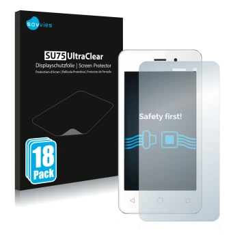 Vorderseite einer Produktverpackung mit dem Markenlogo Savvies. Daneben ist das Gerät NUU Mobile A1 mit dem zugehörigen Displa