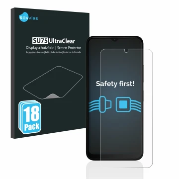 Vorderseite einer Produktverpackung mit dem Markenlogo Savvies. Daneben ist das Gerät Nokia C32 mit dem zugehörigen Displaysch