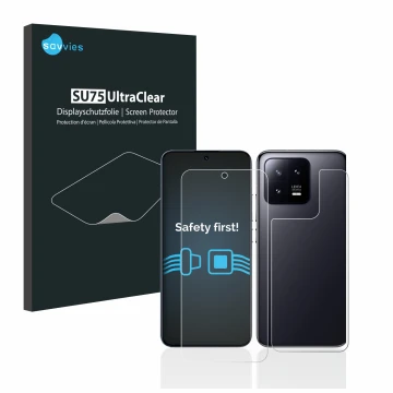 Vorderseite einer Produktverpackung mit dem Markenlogo Savvies. Daneben ist das Gerät Xiaomi 13 (Display+Rückseite) mit dem zu