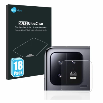 Vorderseite einer Produktverpackung mit dem Markenlogo Savvies. Daneben ist das Gerät Xiaomi 13 (NUR Kameraschutz) mit dem zug