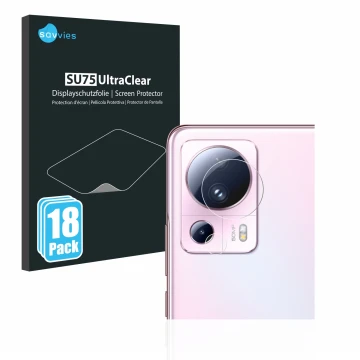Vorderseite einer Produktverpackung mit dem Markenlogo Savvies. Daneben ist das Gerät Xiaomi 13 Lite (NUR Kameraschutz) mit de