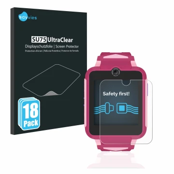 Vorderseite einer Produktverpackung mit dem Markenlogo Savvies. Daneben ist das Gerät TCL Movetime Family Watch MT42X mit dem 