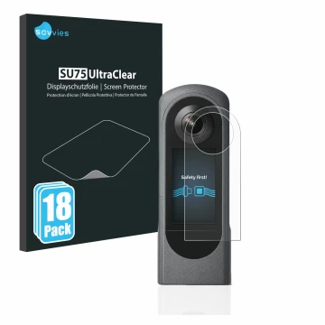 Vorderseite einer Produktverpackung mit dem Markenlogo Savvies. Daneben ist das Gerät Ricoh Theta X mit dem zugehörigen Displa