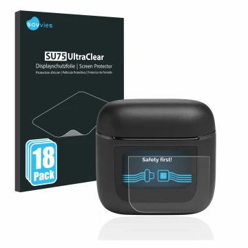 Vorderseite einer Produktverpackung mit dem Markenlogo Savvies. Daneben ist das Gerät JBL Tour Pro 2 mit dem zugehörigen Displ