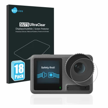 Vorderseite einer Produktverpackung mit dem Markenlogo Savvies. Daneben ist das Gerät DJI Osmo Action 3 (Linse) mit dem zugehö