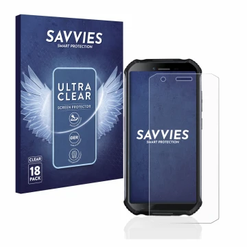 Vorderseite einer Produktverpackung mit dem Markenlogo Savvies. Daneben ist das Gerät Doogee S41 mit dem zugehörigen Displaysc