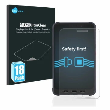 Vorderseite einer Produktverpackung mit dem Markenlogo Savvies. Daneben ist das Gerät Samsung Galaxy Tab Active 3 Enterprise E