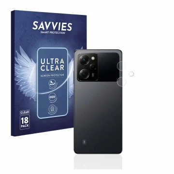 Vorderseite einer Produktverpackung mit dem Markenlogo Savvies. Daneben ist das Gerät Xiaomi Poco X5 Pro (NUR Kameraschutz) mi