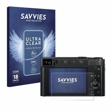 Vorderseite einer Produktverpackung mit dem Markenlogo Savvies. Daneben ist das Gerät Panasonic Lumix DC-TZ202D mit dem zugehö