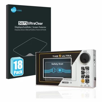 Vorderseite einer Produktverpackung mit dem Markenlogo Savvies. Daneben ist das Gerät Rover TAB 5 ULTRA mit dem zugehörigen Di