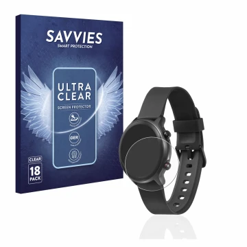 Vorderseite einer Produktverpackung mit dem Markenlogo Savvies. Daneben ist das Gerät Doro Watch mit dem zugehörigen Displaysc