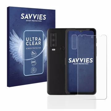 Vorderseite einer Produktverpackung mit dem Markenlogo Savvies. Daneben ist das Gerät Caterpillar Cat S75 (Display+Kamera) mit