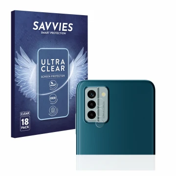 Vorderseite einer Produktverpackung mit dem Markenlogo Savvies. Daneben ist das Gerät Nokia G22 (NUR Kameraschutz) mit dem zug