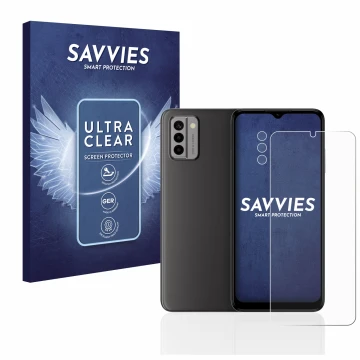 Vorderseite einer Produktverpackung mit dem Markenlogo Savvies. Daneben ist das Gerät Nokia G22 (Display+Kamera) mit dem zugeh