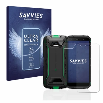 Vorderseite einer Produktverpackung mit dem Markenlogo Savvies. Daneben ist das Gerät Doogee S41 Pro (Display+Kamera) mit dem 