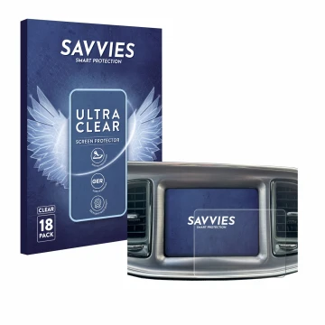 Vorderseite einer Produktverpackung mit dem Markenlogo Savvies. Daneben ist das Gerät Dodge Challenger Uconnect 8.4