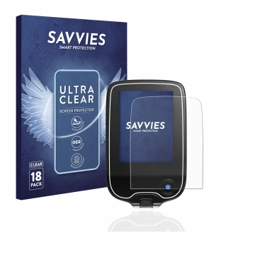 Vorderseite einer Produktverpackung mit dem Markenlogo Savvies. Daneben ist das Gerät Freestyle Libre 3 mit dem zugehörigen Di