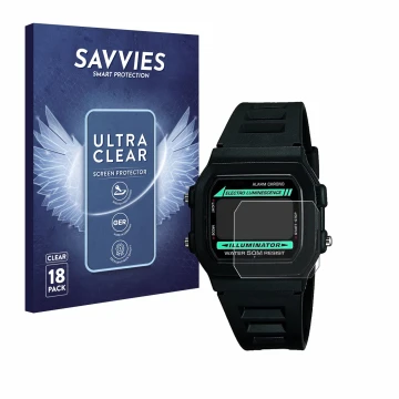 Vorderseite einer Produktverpackung mit dem Markenlogo Savvies. Daneben ist das Gerät Casio W-86-1VQES mit dem zugehörigen Dis