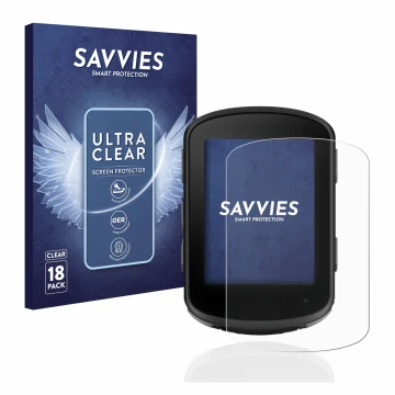 Vorderseite einer Produktverpackung mit dem Markenlogo Savvies. Daneben ist das Gerät Garmin Edge 840 mit dem zugehörigen Disp