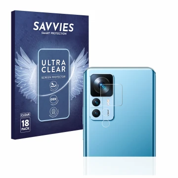 Vorderseite einer Produktverpackung mit dem Markenlogo Savvies. Daneben ist das Gerät Xiaomi 12T (NUR Kameraschutz) mit dem zu