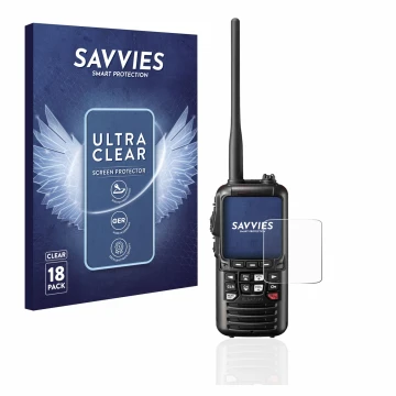 Vorderseite einer Produktverpackung mit dem Markenlogo Savvies. Daneben ist das Gerät Standard Horizon HX890 mit dem zugehörig