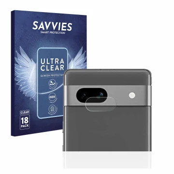 Vorderseite einer Produktverpackung mit dem Markenlogo Savvies. Daneben ist das Gerät Google Pixel 7a (NUR Kameraschutz) mit d