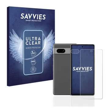 Vorderseite einer Produktverpackung mit dem Markenlogo Savvies. Daneben ist das Gerät Google Pixel 7a (Display+Kamera) mit dem