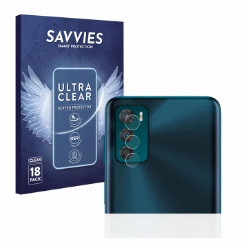 Vorderseite einer Produktverpackung mit dem Markenlogo Savvies. Daneben ist das Gerät Motorola Moto G42 (NUR Kameraschutz) mit