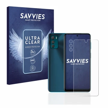 Vorderseite einer Produktverpackung mit dem Markenlogo Savvies. Daneben ist das Gerät Motorola Moto G42 (Display+Kamera) mit d