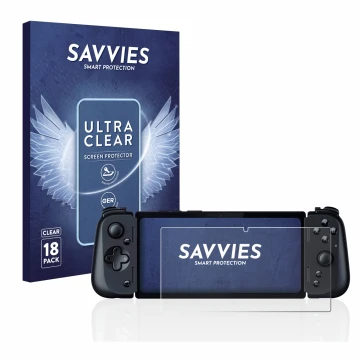 Vorderseite einer Produktverpackung mit dem Markenlogo Savvies. Daneben ist das Gerät Razer Edge 5G mit dem zugehörigen Displa