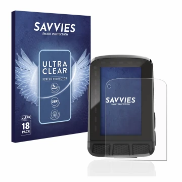 Vorderseite einer Produktverpackung mit dem Markenlogo Savvies. Daneben ist das Gerät Wahoo Elemnt Roam 2 mit dem zugehörigen 