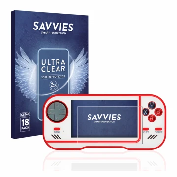 Vorderseite einer Produktverpackung mit dem Markenlogo Savvies. Daneben ist das Gerät Blaze Evercade mit dem zugehörigen Displ