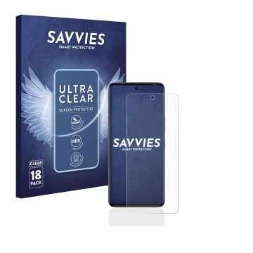 Vorderseite einer Produktverpackung mit dem Markenlogo Savvies. Daneben ist das Gerät Tecno Camon 20 mit dem zugehörigen Displ