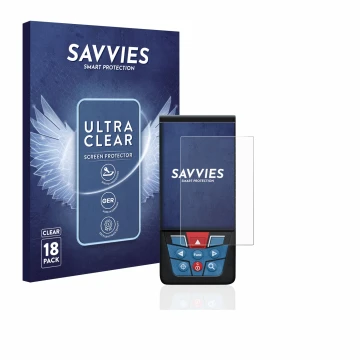 Vorderseite einer Produktverpackung mit dem Markenlogo Savvies. Daneben ist das Gerät Bosch GLM 100-25c mit dem zugehörigen Di