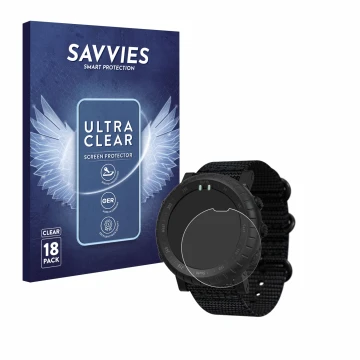 Vorderseite einer Produktverpackung mit dem Markenlogo Savvies. Daneben ist das Gerät Suunto Core Alpha mit dem zugehörigen Di
