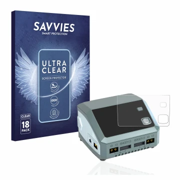 Vorderseite einer Produktverpackung mit dem Markenlogo Savvies. Daneben ist das Gerät SkyRc D200 neo mit dem zugehörigen Displ