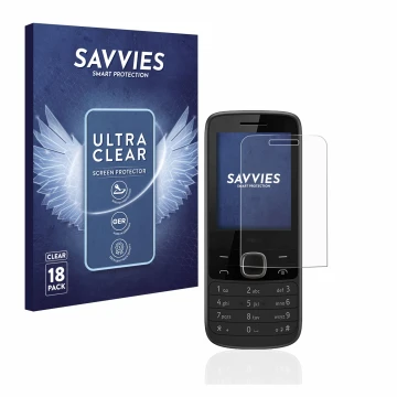 Vorderseite einer Produktverpackung mit dem Markenlogo Savvies. Daneben ist das Gerät Nokia 225 4G mit dem zugehörigen Display
