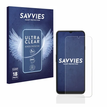 Vorderseite einer Produktverpackung mit dem Markenlogo Savvies. Daneben ist das Gerät Cubot P80 mit dem zugehörigen Displaysch