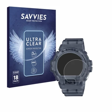 Vorderseite einer Produktverpackung mit dem Markenlogo Savvies. Daneben ist das Gerät Casio G-Shock DW-6900 mit dem zugehörige