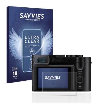 Vorderseite einer Produktverpackung mit dem Markenlogo Savvies. Daneben ist das Gerät Leica Q3 mit dem zugehörigen Displayschu