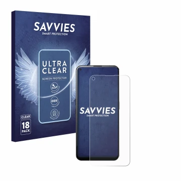 Vorderseite einer Produktverpackung mit dem Markenlogo Savvies. Daneben ist das Gerät Unihertz Luna mit dem zugehörigen Displa