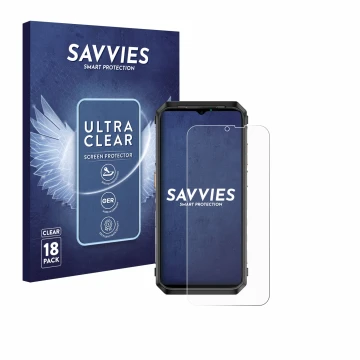 Vorderseite einer Produktverpackung mit dem Markenlogo Savvies. Daneben ist das Gerät Ulefone Power Armor 19T mit dem zugehöri