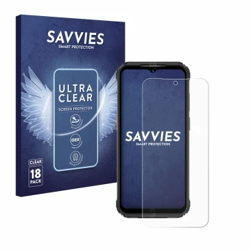 Vorderseite einer Produktverpackung mit dem Markenlogo Savvies. Daneben ist das Gerät Ulefone Armor 21 mit dem zugehörigen Dis