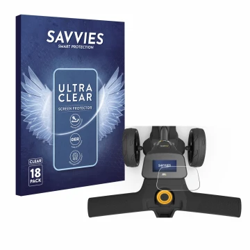 Vorderseite einer Produktverpackung mit dem Markenlogo Savvies. Daneben ist das Gerät PowaKaddy FX3 mit dem zugehörigen Displa