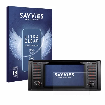 Vorderseite einer Produktverpackung mit dem Markenlogo Savvies. Daneben ist das Gerät Xtrons IQ7039B mit dem zugehörigen Displ