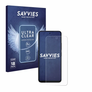 Vorderseite einer Produktverpackung mit dem Markenlogo Savvies. Daneben ist das Gerät Xiaomi Redmi 12 mit dem zugehörigen Disp